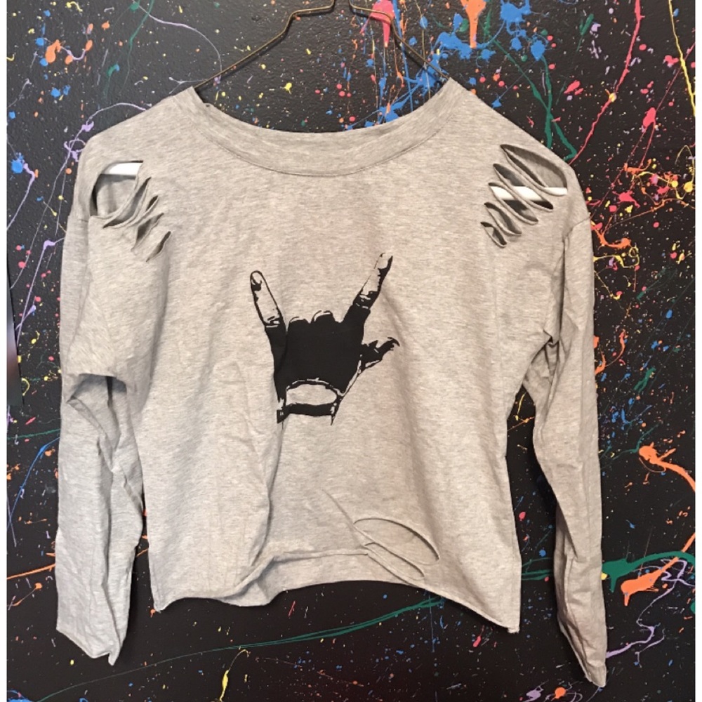 Rock on distressed long sleeve crop top